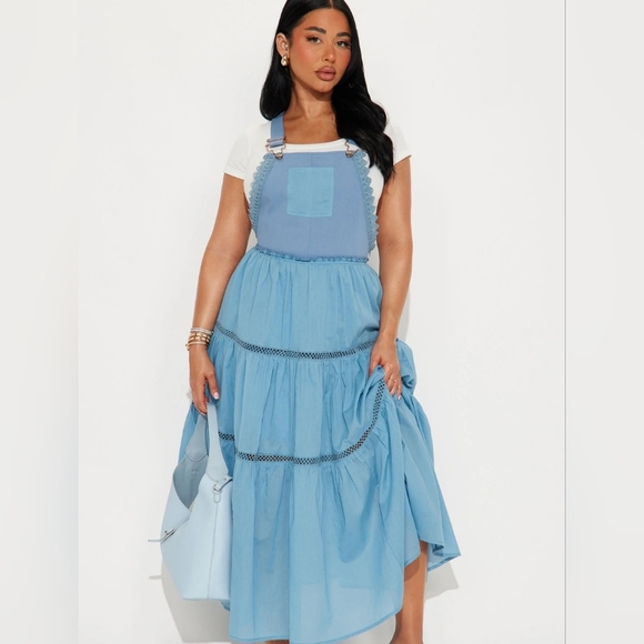 HYFVE Size Large Overall Midi Dress Cottagecore Boho Farmcore Dress Cotton Blue - Picture 1 of 11